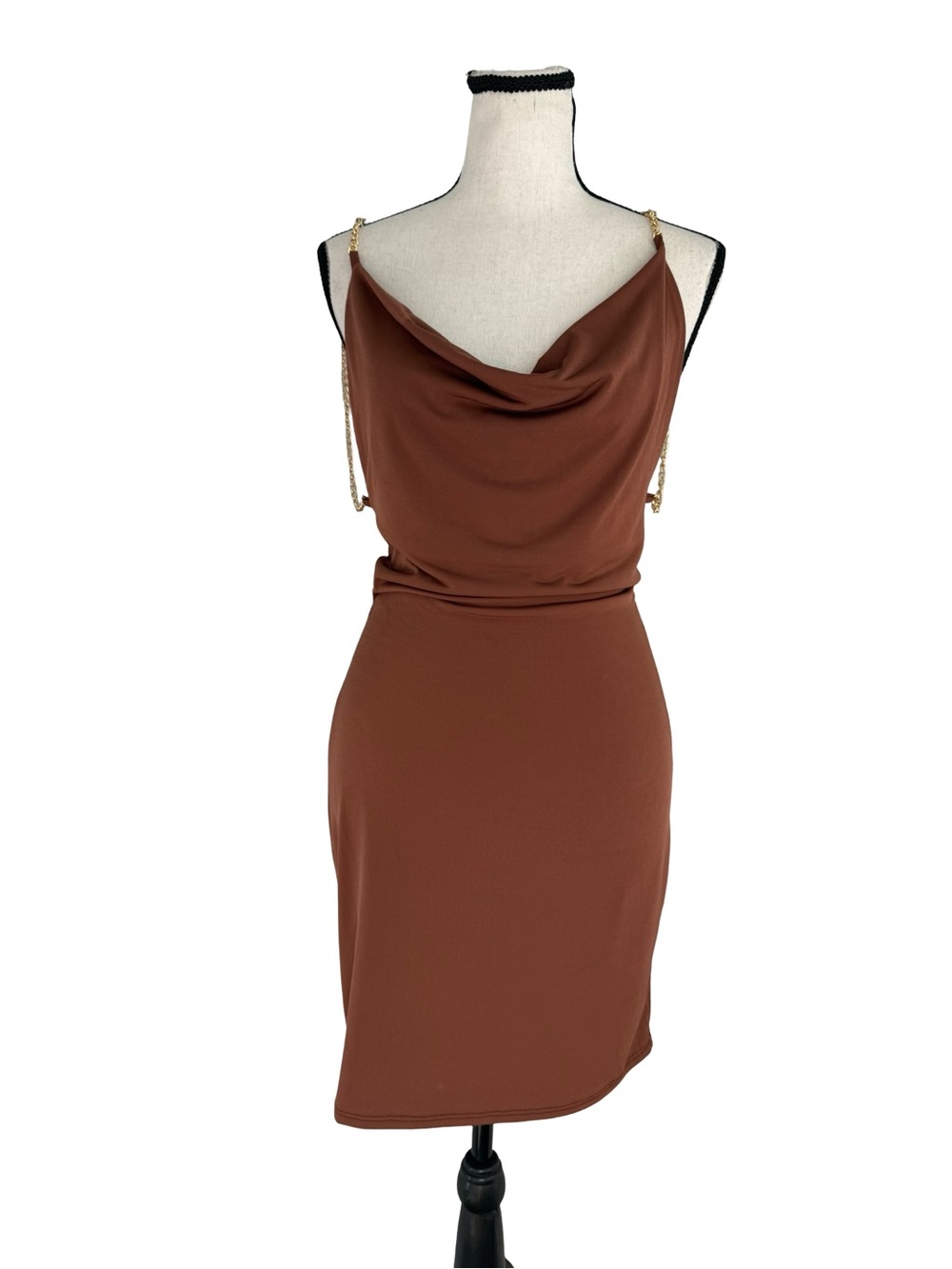 Wearever Brown Chain Strap Cowl Neck Open Back Bodycon Mini Dress Size M